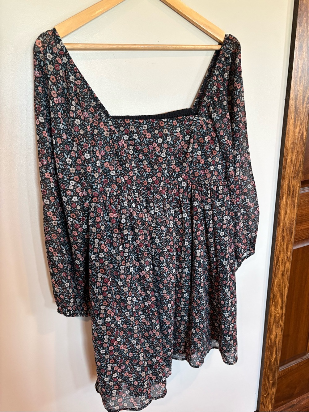 Lucky Brand Black Floral Mini Dress with Pink and Cream Flowers